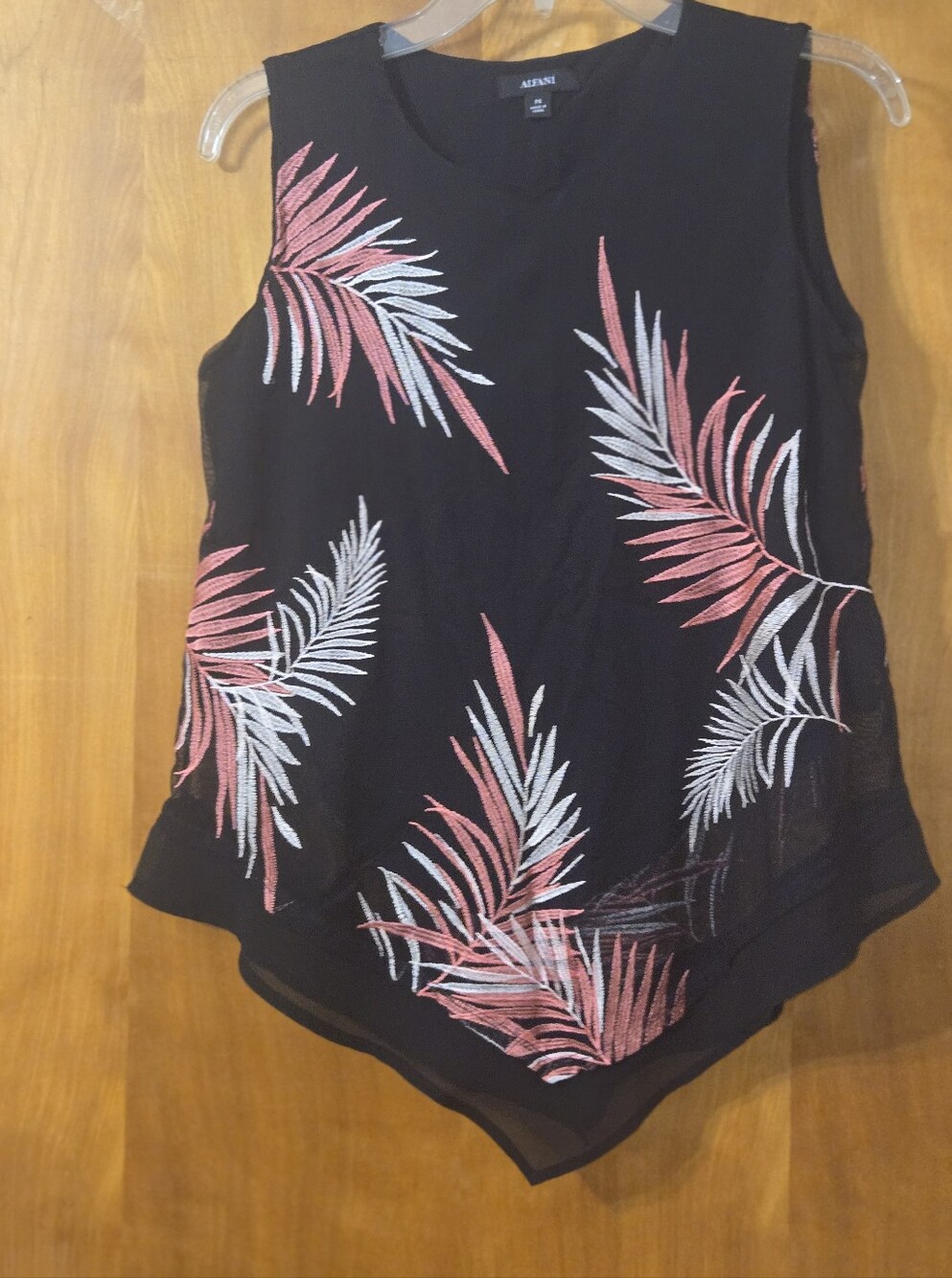 Alfani Black Top with Rose and White Leaf Pattern